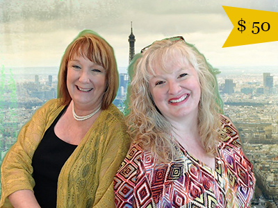 two friends pose in front of a green screen background in our photo booth